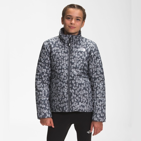 The North Face Girls' Printed Reversible Mossbud Swirl Jacket Grey Leopard